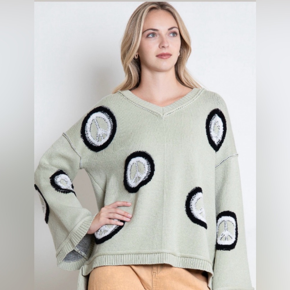 Size: Small Blue Velvet Peace Sign Oversized Sweater